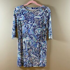 Lilly Pulitzer Girls XL 12-14 Blue Paisley Shift Dress Gold Shoulder Buttons